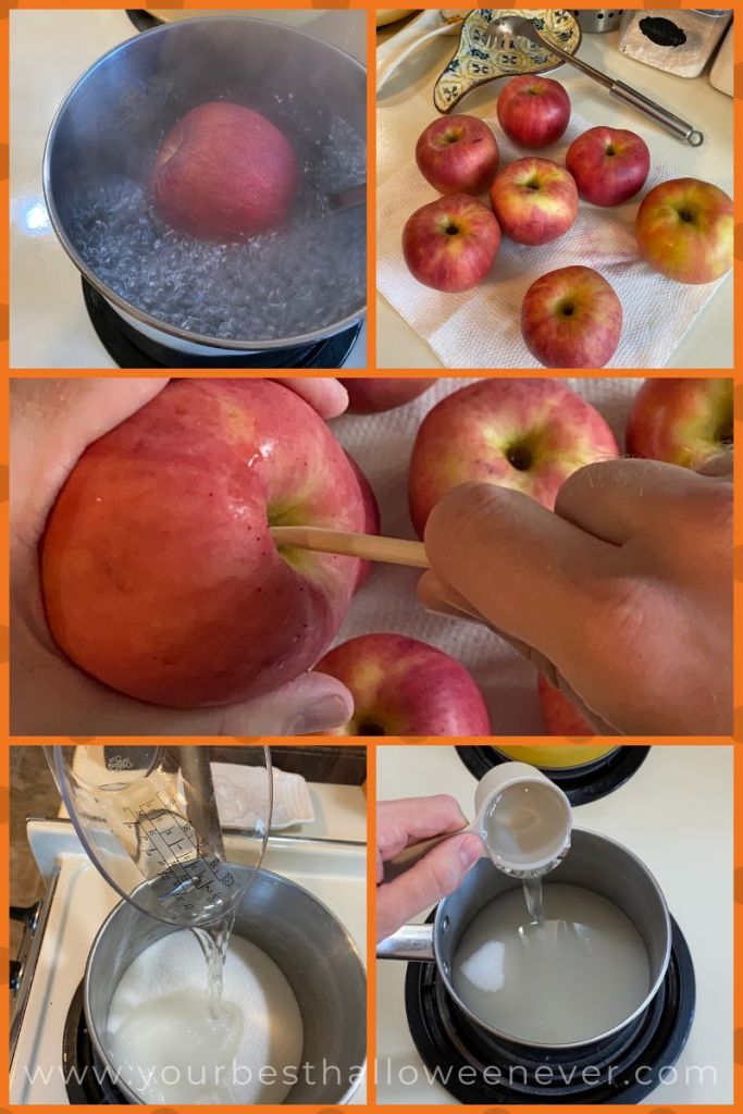 homemade caramel apple recipe, caramel apples being made at home