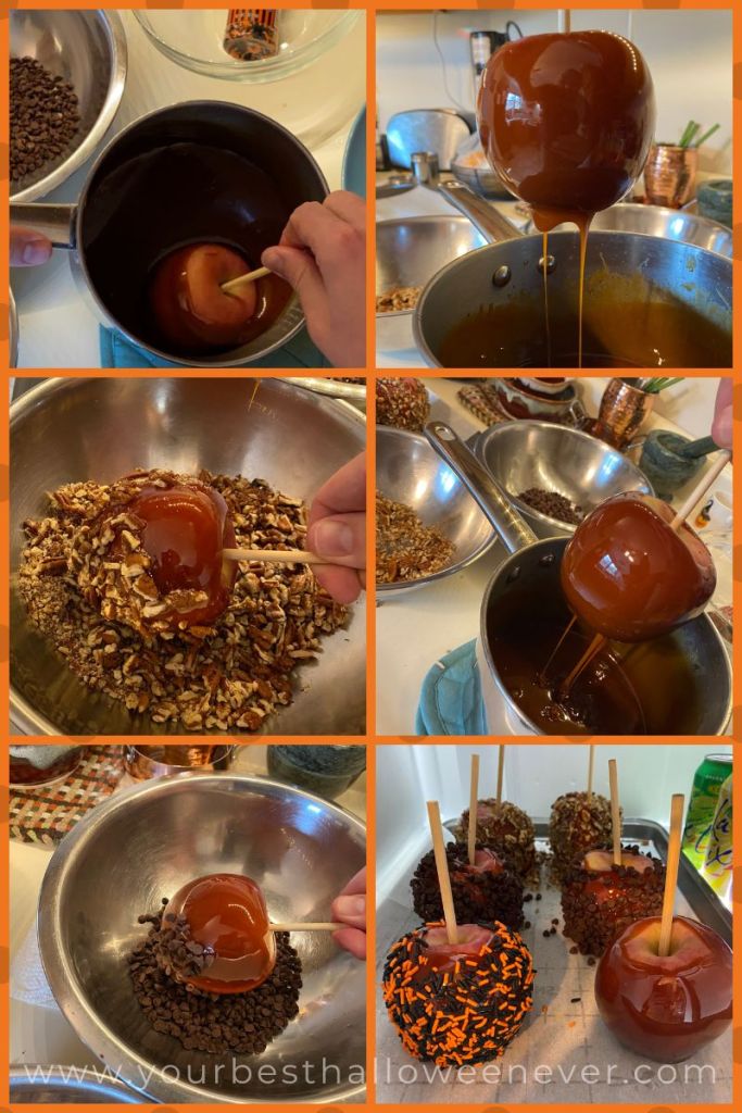 homemade caramel apple recipe, caramel apples being made at home, making caramel apples at home