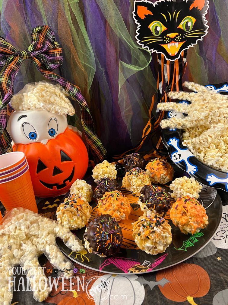 chocolate dipped popcorn balls, popcorn balls recipe, popcorn balls for halloween, classroom halloween party