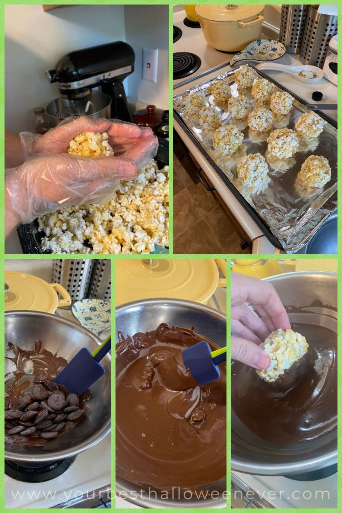 making chocolate dipped popcorn balls, popcorn ball recipe, easy popcorn balls