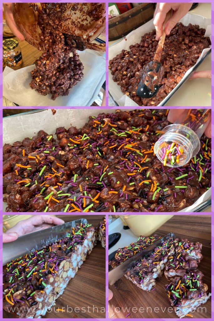 rocky road halloween squares recipe, making rocky road halloween squares, halloween sprinkles